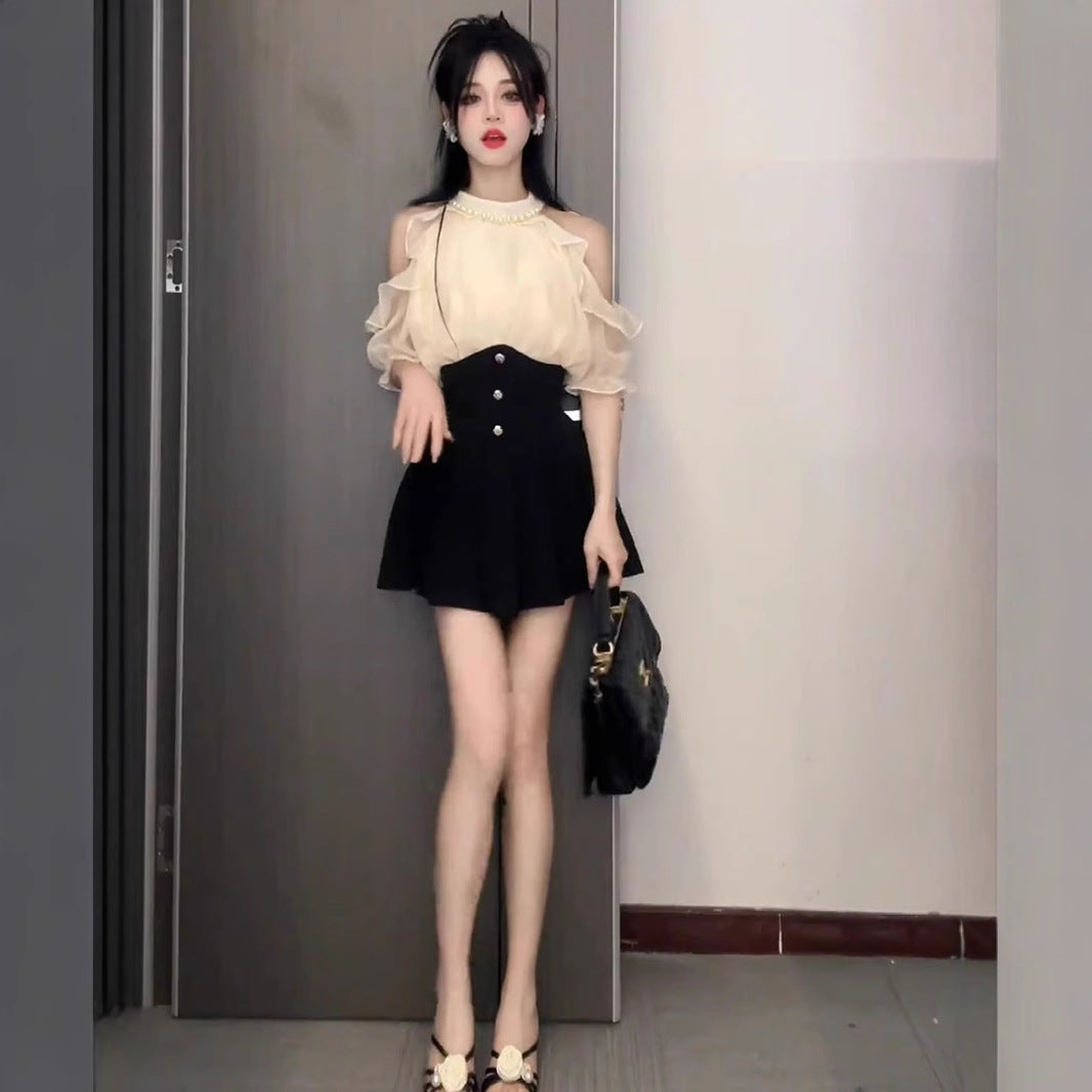 Womens Elegant Halterneck Off-shoulder Top And Skirt Two-piece Set