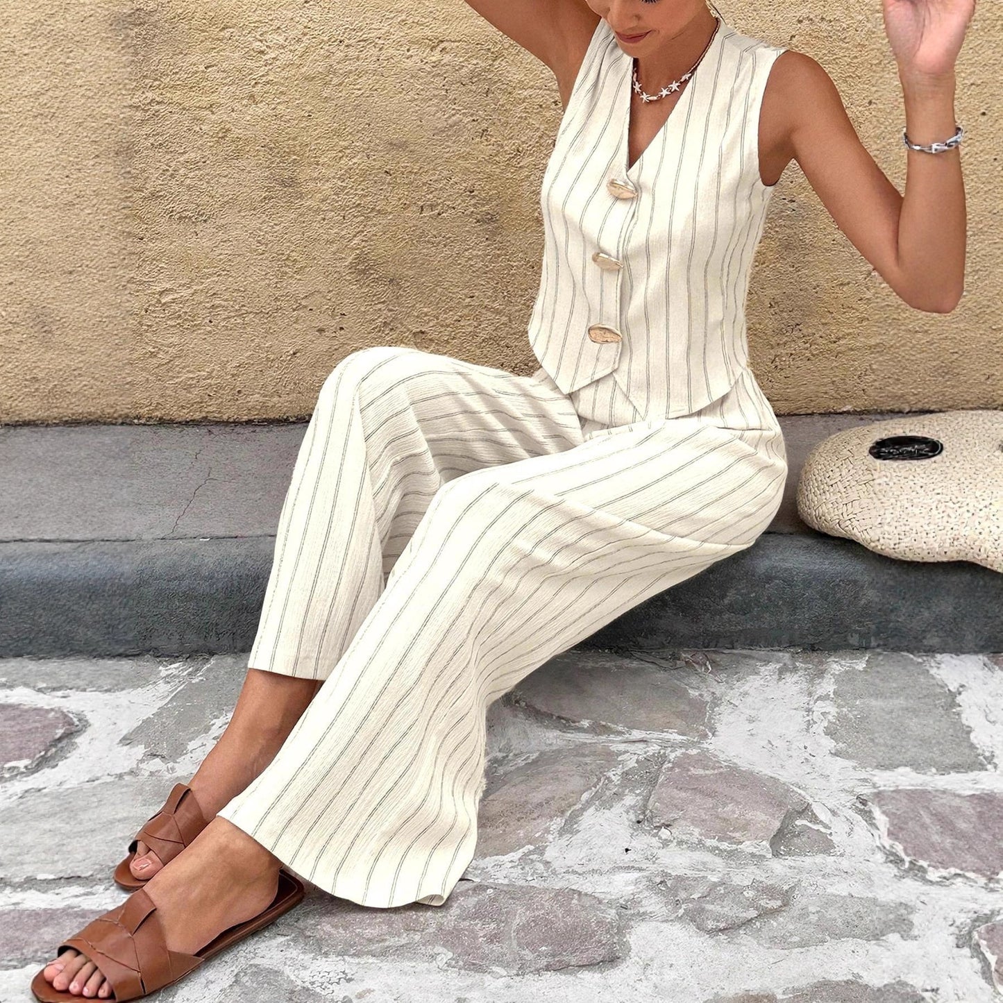 Vertical-striped Button-up Vest And Straight-leg Trousers Set