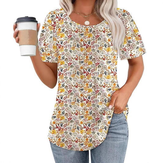 Round Neck Pleated Printed T-shirt