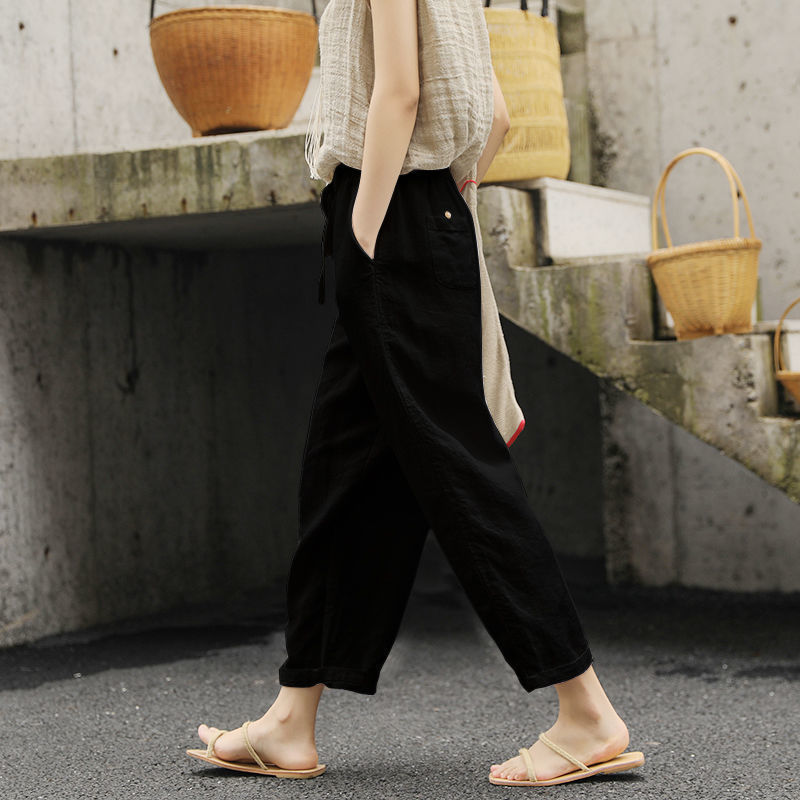 Cropped Pants Loose Anti-cotton Linen Elastic-waist Wide-leg Pants Retro Art And Versatile Casual Pants