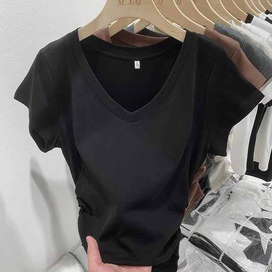 Sød Cool Hot Girl Style Kortærmet T-shirt til kvinder V-hals Skulder Slank Pasform Slankende
