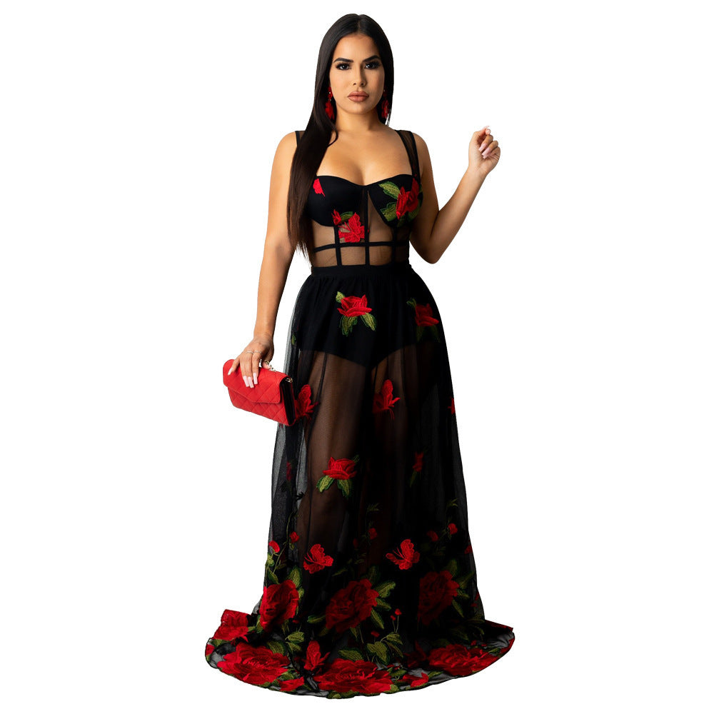 Womens Versatile Sexy Slip Dress With Embroidery And Sheer Details