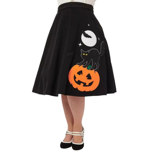 Women's Pumpkin Head Cat Moon Print Big Hem Skirt