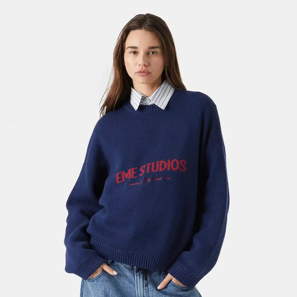 Knitted Pullover Loose Embroidered Sweater For Women