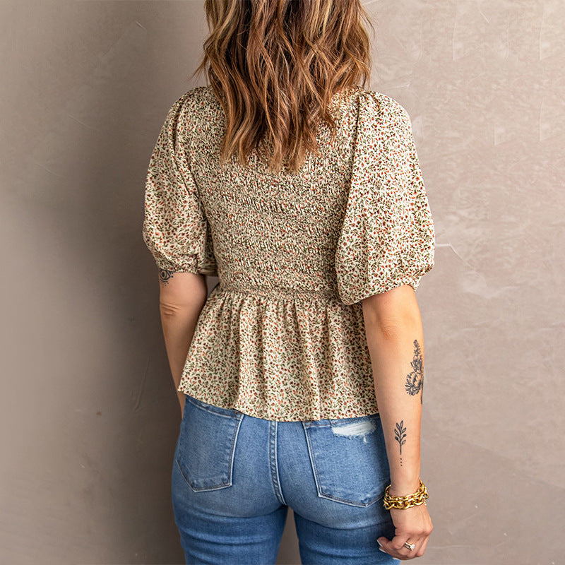 New Puff Sleeve V-neck Waist-tight Slim Women Chiffon Shirt