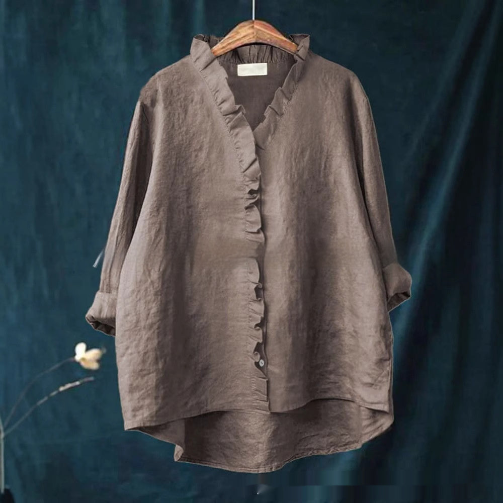 Ruffled-edge Mid-length Loose-fit Cotton Solid-color Shirt