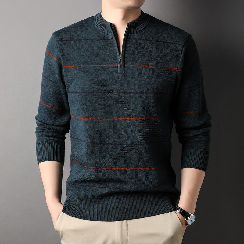 Zippered Mock-neck Knit Sweater With Striped Long Sleeves