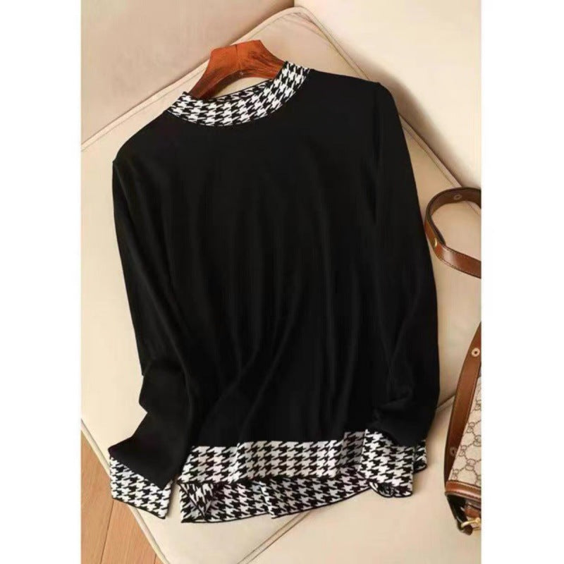 Women's Fashion Houndstooth Stitching Long-sleeved Sweater