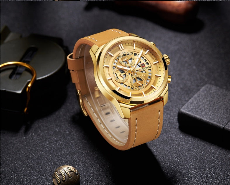 Ling Xiang NAVIFORCE new men's three-needle hollow design leather strap waterproof sports watch