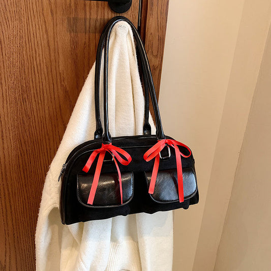 College Style Velvet Frosted Leather Bow Ribbon Commuter Bag Advanced Simple