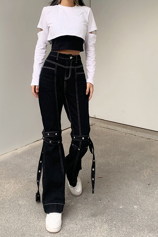 Lace-Up, High-Waisted, Thin, Casual Denim Pants