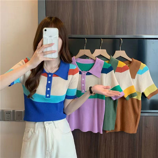 Color Stitching Lapel T-shirt Slim Fit And Slim Short Sleeves