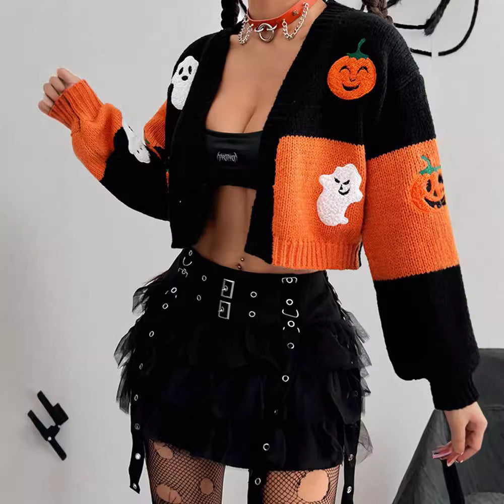 European And American Ghost Pumpkin Pattern Sweater Cardigan