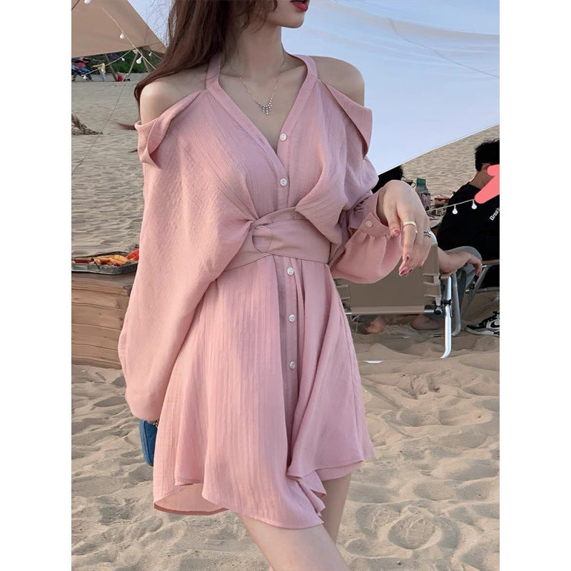 Off-shoulder Langærmet Kjole Dame Tidlig Efterår Højkvalitets V-hals Skjortekjole Shorts