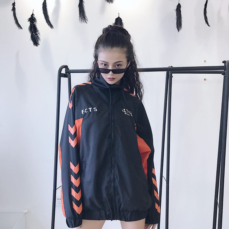 Retro String Standard Color Block Hooded Net Red Windbreaker