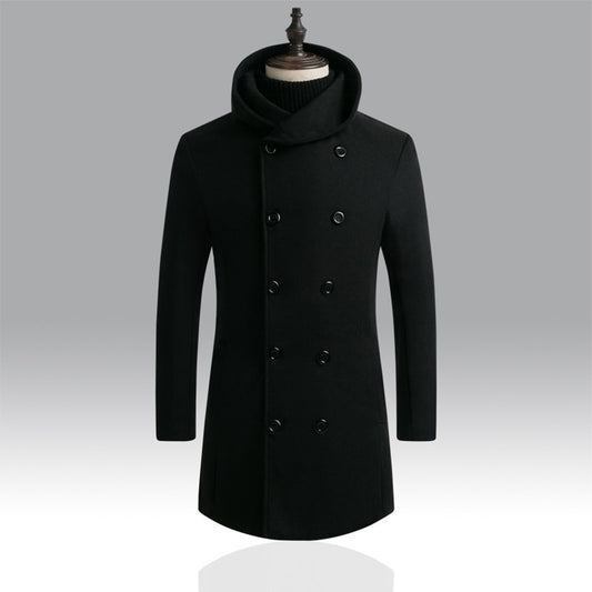 Men's Mid-Length Woolen Coat Padded Hooded Trench Coat
