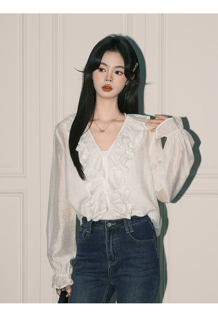 Ruffled V-neck Shirt Female White