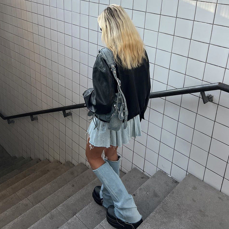 Fashion Casual Versatile Denim Pleated Skirt