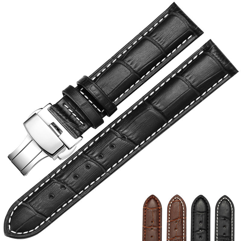 Double Click Elastic Butterfly Clasp Top Layer Cow Leather Watch Strap