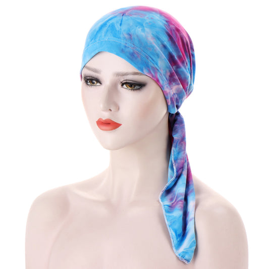 Curved Floral Fabric Two-tail Tie-dye Headscarf