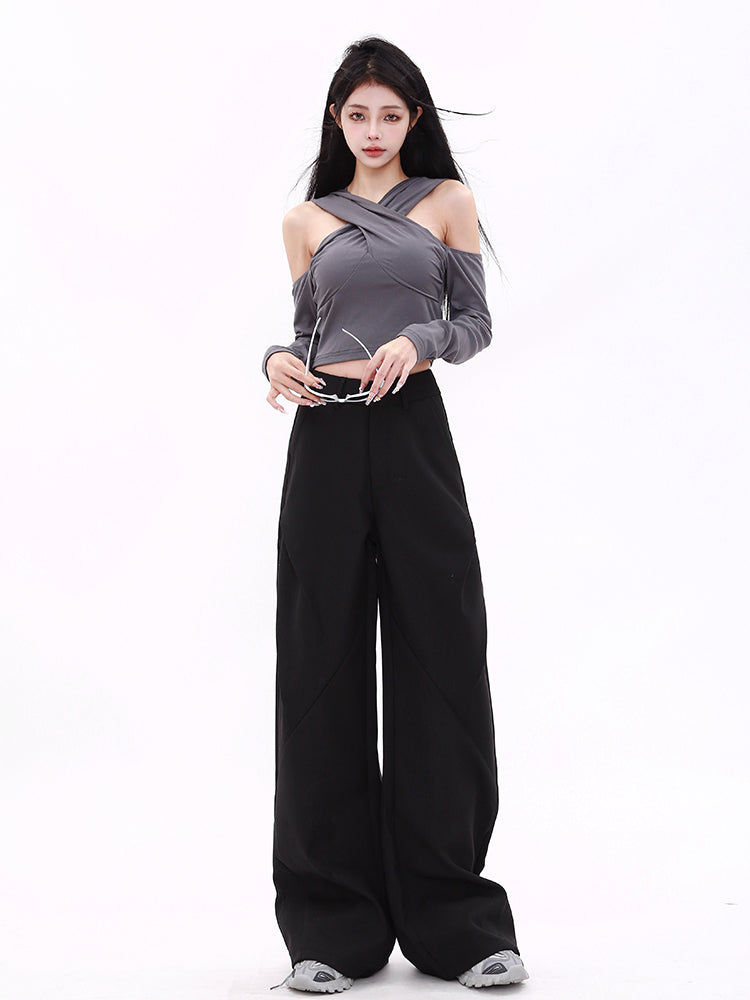 High Waist Straight Black Suit Wide Leg Flared Casual Pants