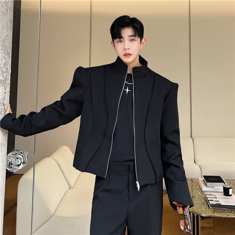 High Street Trendy Silhouette Padded Shoulders Deconstructed Short Jacket Men