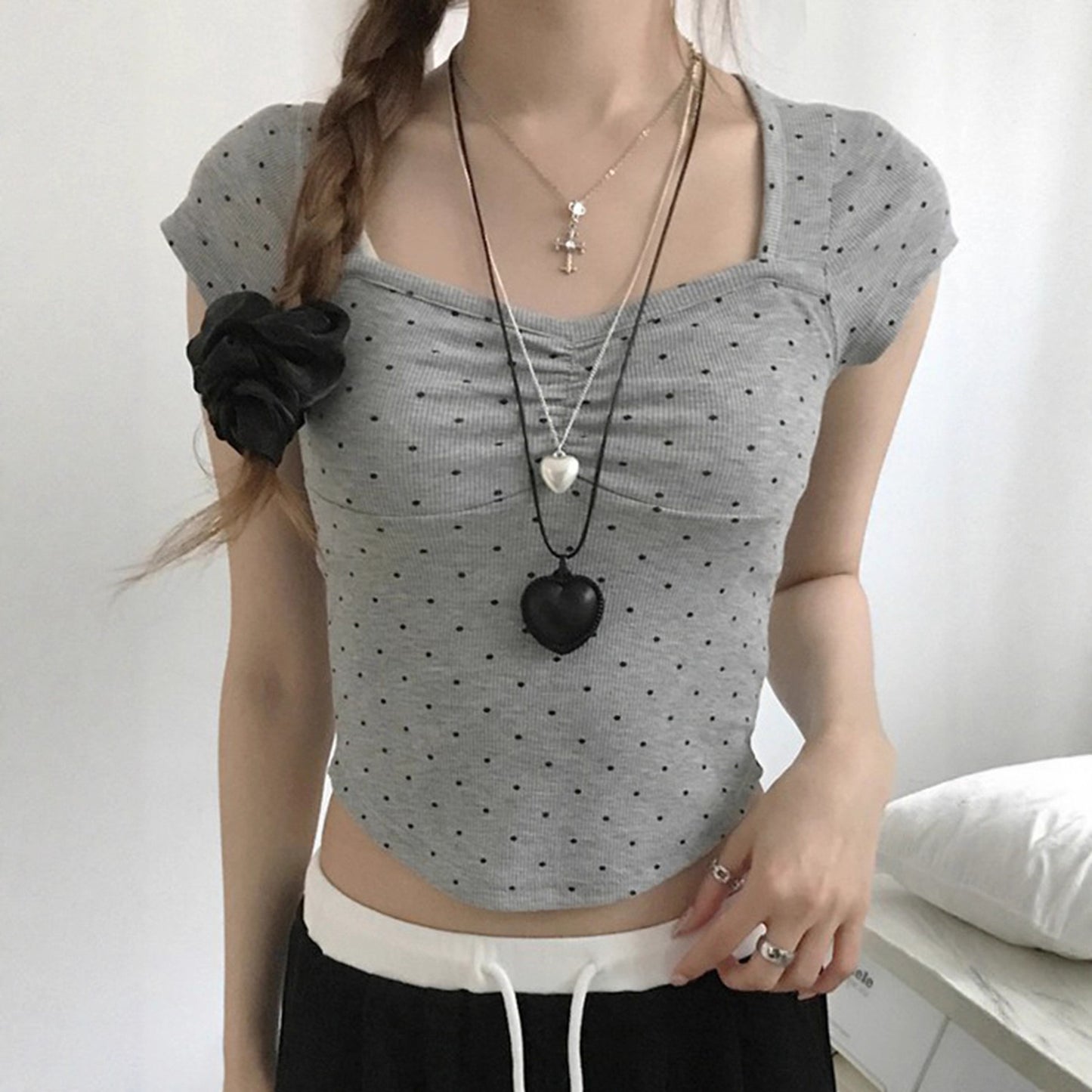 Womens Off-shoulder Polka-dot Short-sleeve Slim-fit Asymmetrical Top