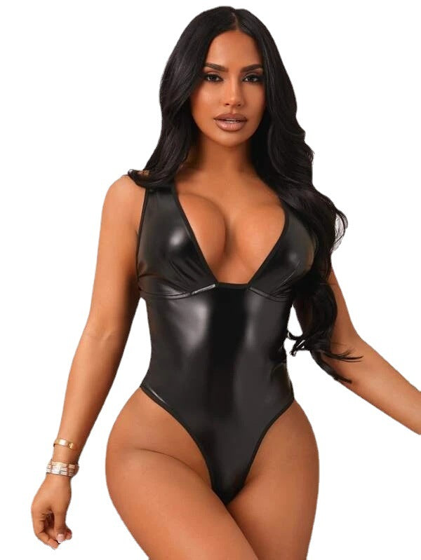 New Sexy Suspenders Women's Slim Patent Leather Jumpsuit