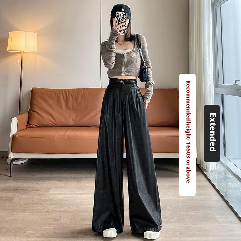 High Waist Loose Straight Slimming Leather Wide-leg Pants Drape Mop Pants