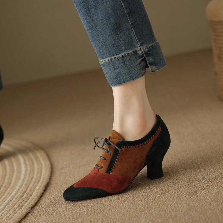 Front Tie Deep Opening Color-blocking Retro High-heel Leather Shoes