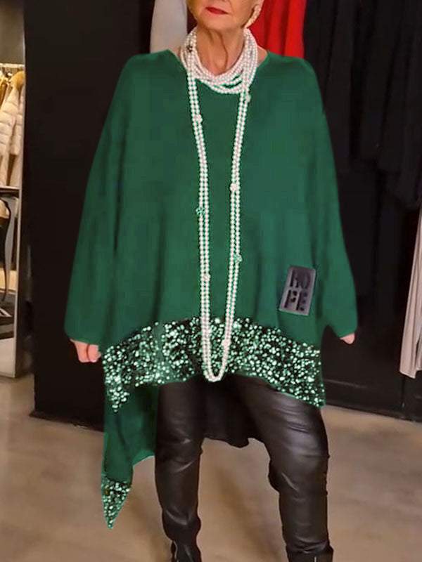 Loose And Irregular Hem Sequin Stitching Round Neck Long Sleeve Top