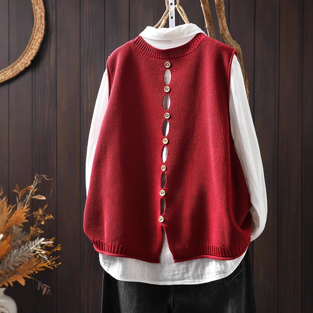 Back Buttoned Cotton Thread Knitted Vest Women