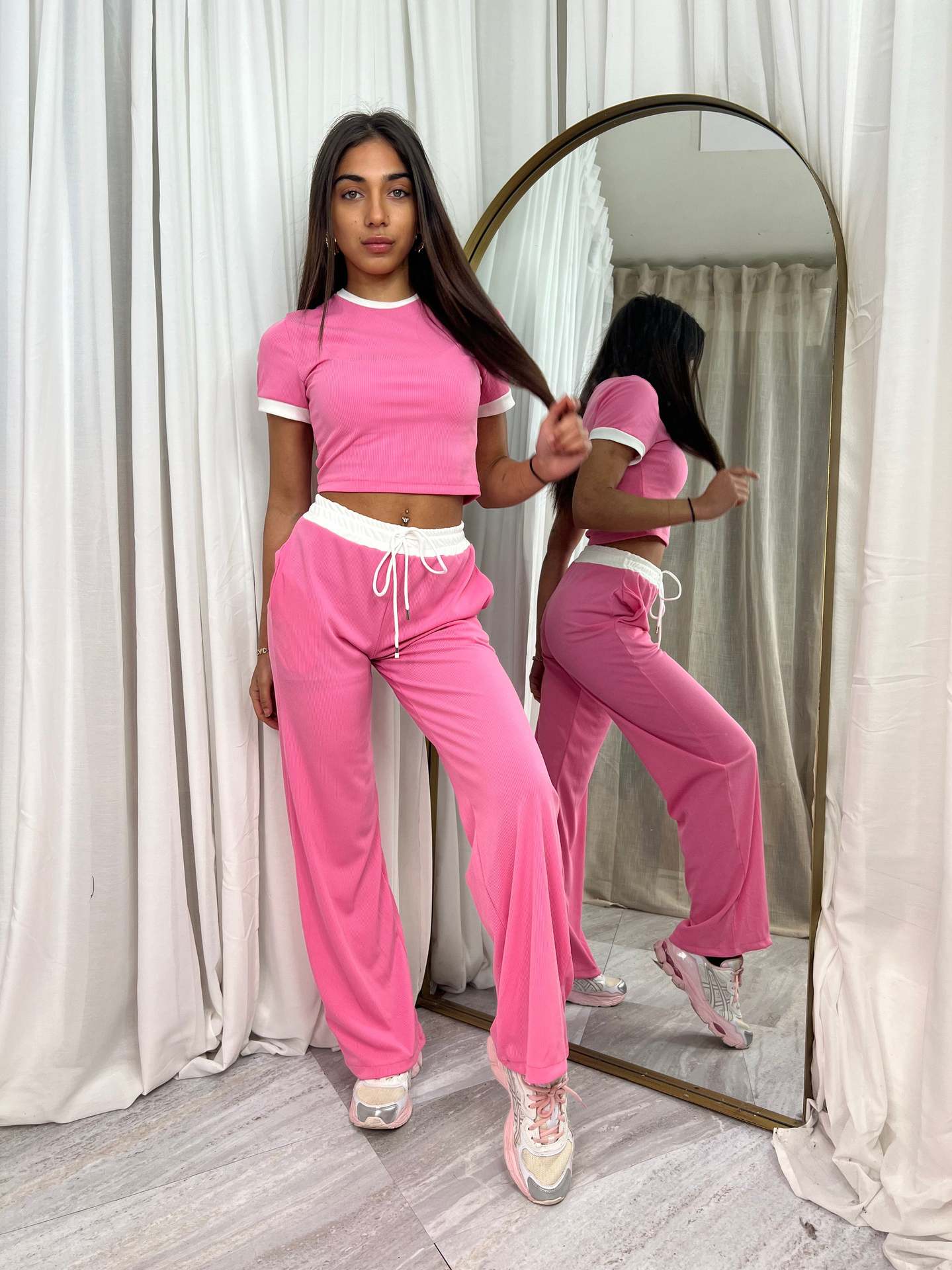 Womens Short-Sleeve Drawstring Wide-Leg Pants Two-Piece Set