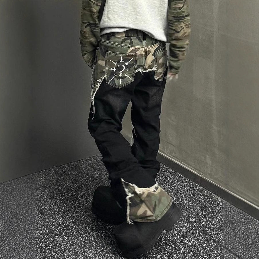 American Street Retro Camouflage Stitching Jeans