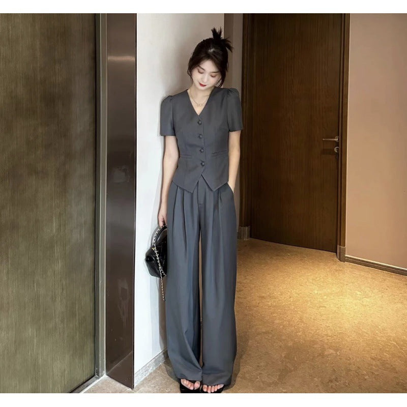 New Flattering Short Sleeve Top Casual Wide-leg Pants Two-piece Set For Women