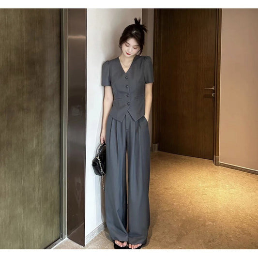 New Flattering Short Sleeve Top Casual Wide-leg Pants Two-piece Set For Women