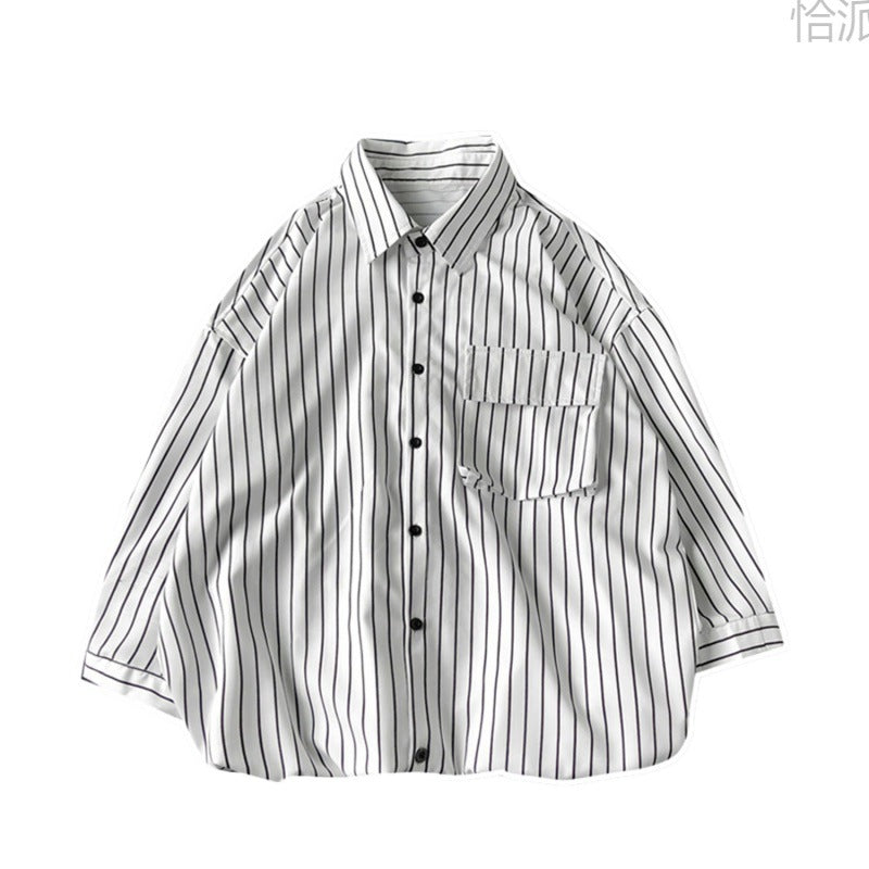 Striped Overalls Short Sleeve Shirt Men's Loose Shirt