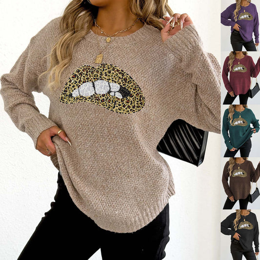 Female Leopard Print Embroidered Sequins Lips Personality Crew Neck Pullover Sweater