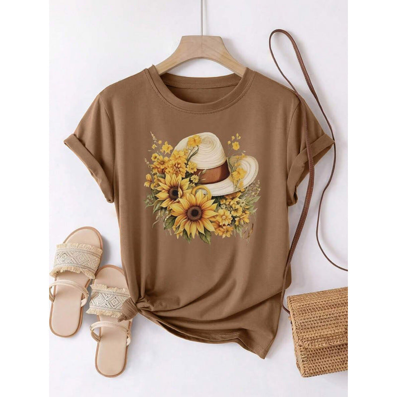 Womens Loose-Fit Crew-Neck T-Shirt With A Pure Cotton Sunflower Straw Hat Design