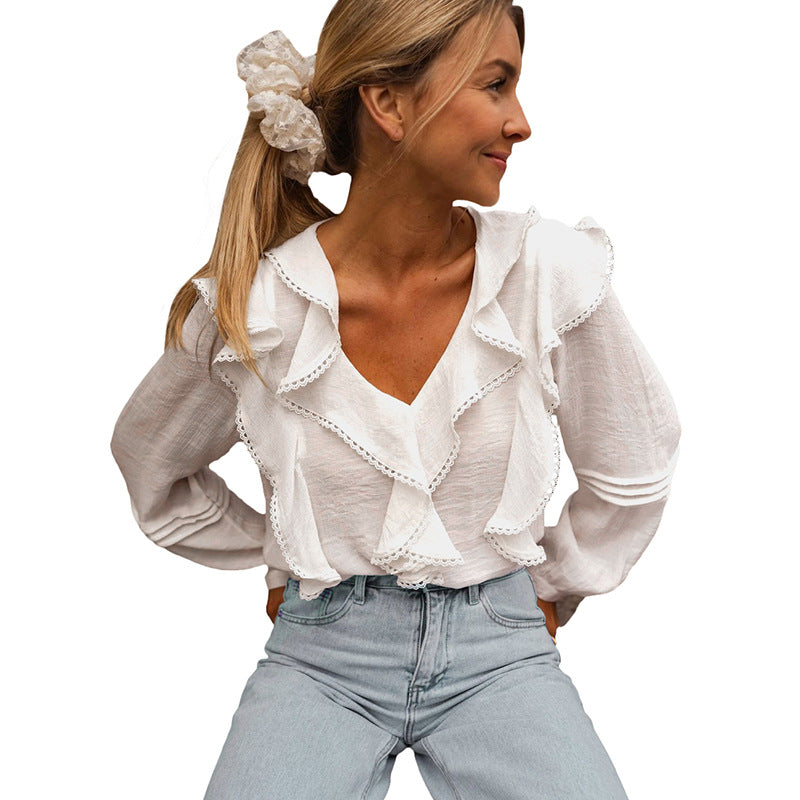 French Pastoral Style Lace Ruffled V-neck Blouse For Women