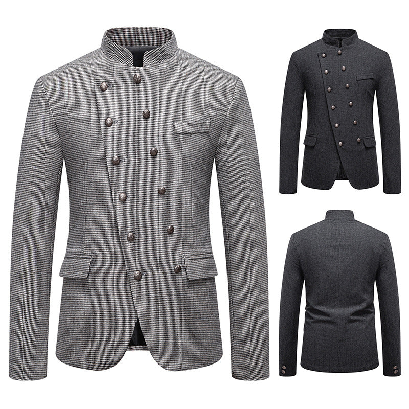 Business Slim-fitting Suit Stand Collar Double Breasted Oblique Placket Costume Men