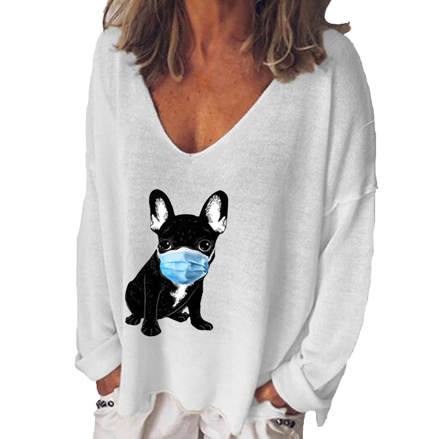 Puppy Muzzle Print V-Neck Long Sleeve T-Shirt Women