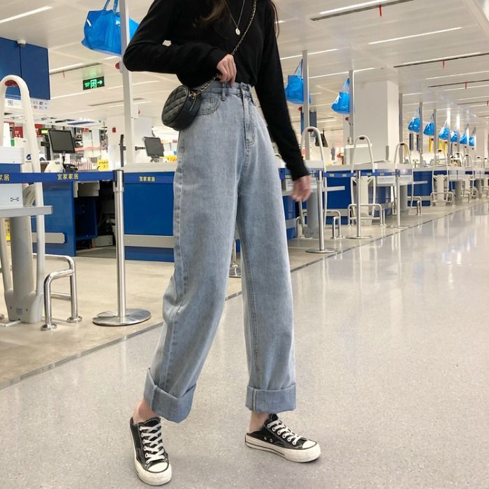 Loose Retro High-waist Strap Straight Wide-leg Jeans