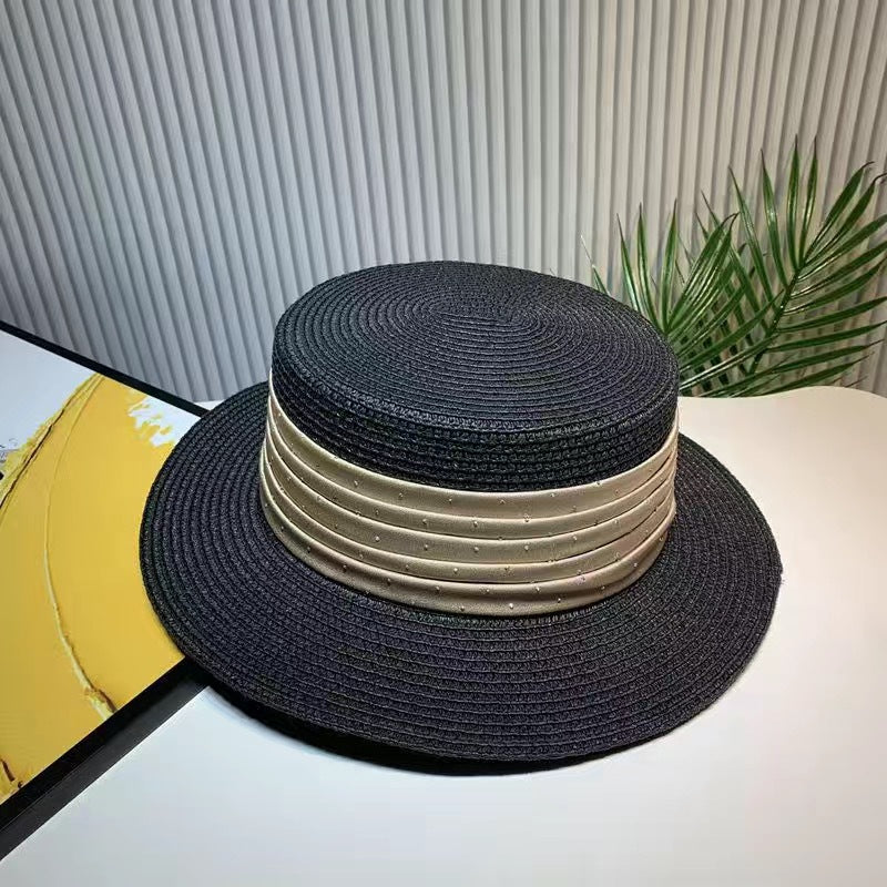 Spring And Summer Short Brim Satin Rhinestone Straw Flat Top Hat Women