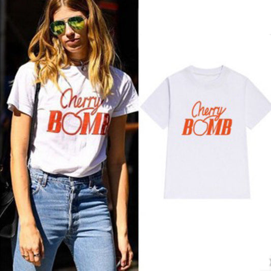 Cherry Printed Street Trend Women's Round Neck Short Sleeve