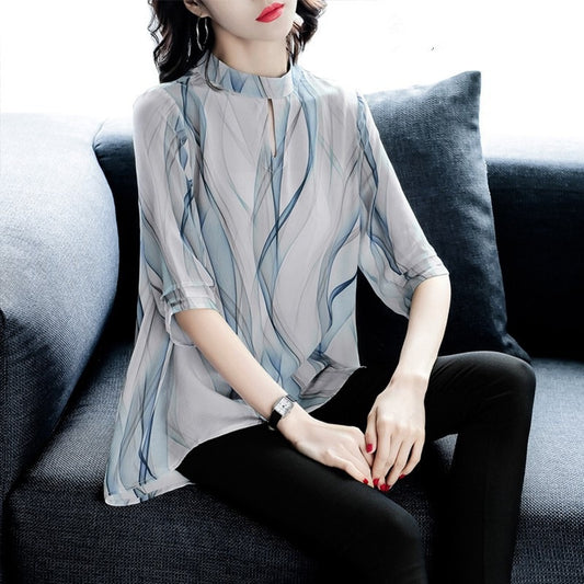 Women's Wave Print Long Hem Shirt Top