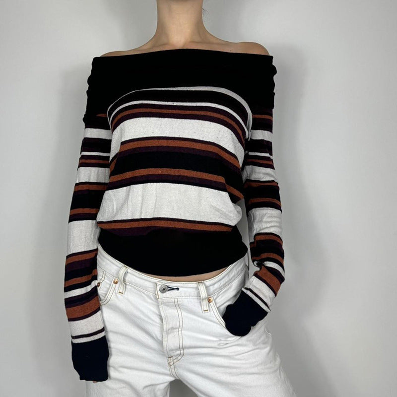 American-style Casual Contrast Color Striped Off-shoulder Sweater