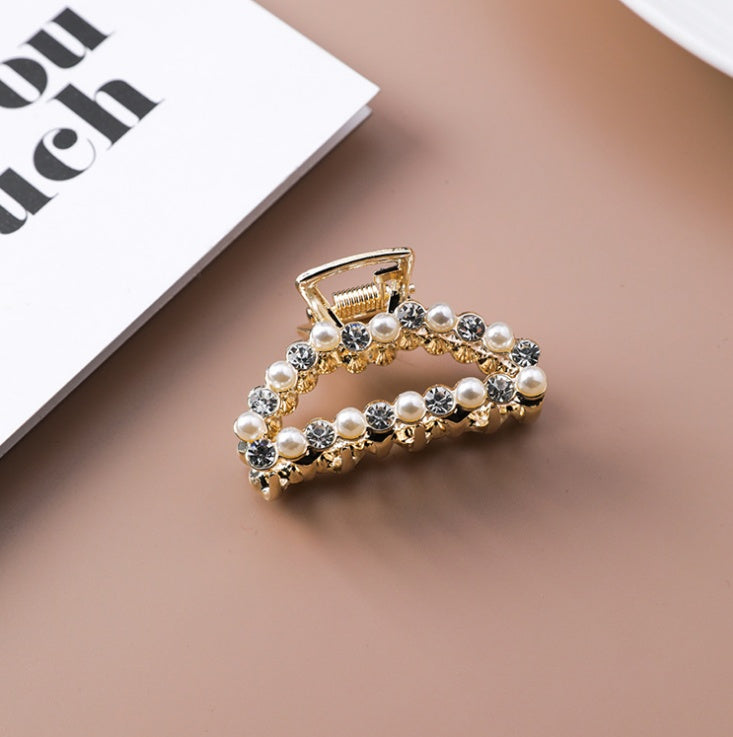 Geometric Square Love Curved Pearl Rhinestone Hair Clip