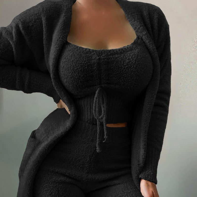 Womens Slimming Three-Piece Casual Solid-Color Long-Sleeve Set