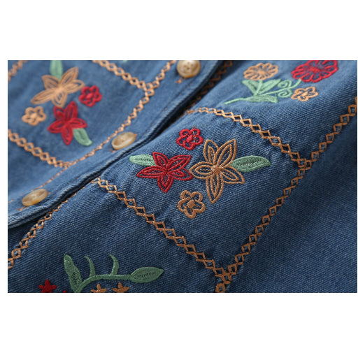 Heavy-Duty Embroidered Ethnic-Style V-Neck Denim Vest